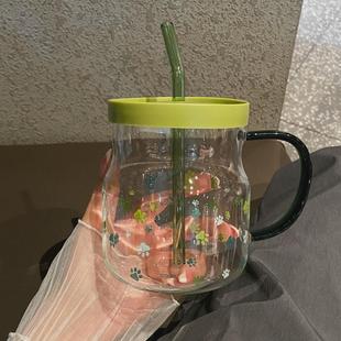 高颜值玻璃杯600ml印花带刻度杯家用喝水杯吸管杯情侣杯牛奶杯