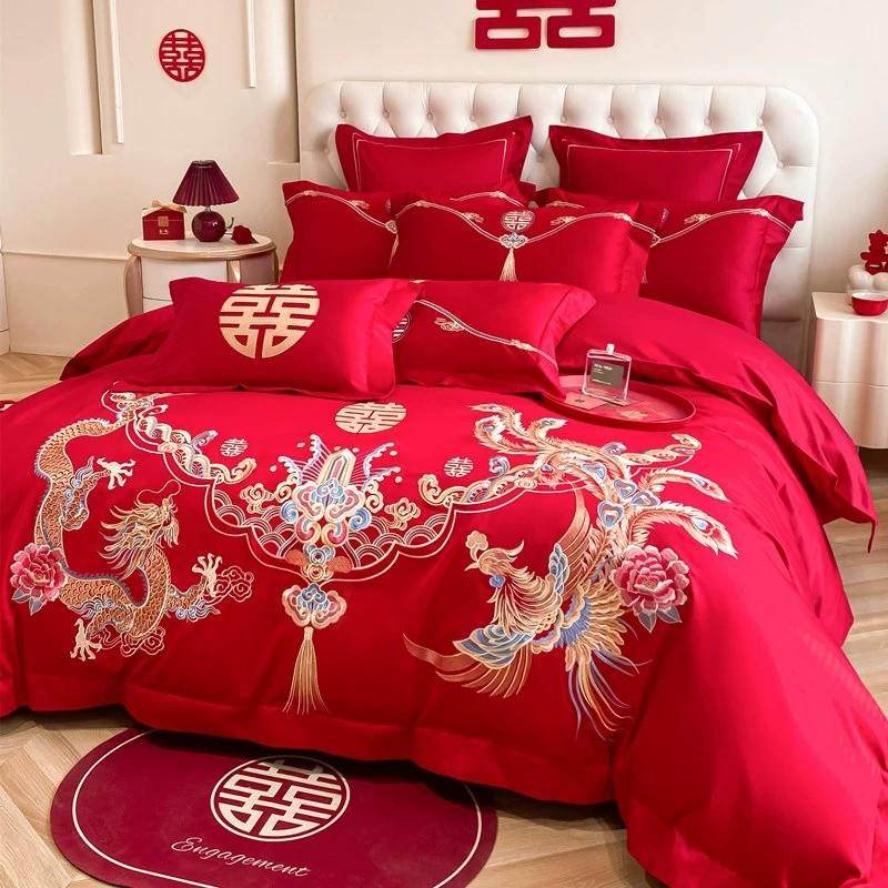 高档中式龙凤刺绣结婚四件套大红色床单被套纯棉婚庆床上用品婚房,床上用品,婚庆床品套件,淘宝优惠券,粉丝福利购,淘宝优惠卷