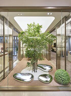 不锈钢鹅卵石雕塑酒店庭院草地装饰摆件公园绿地水景镜面鹅卵石