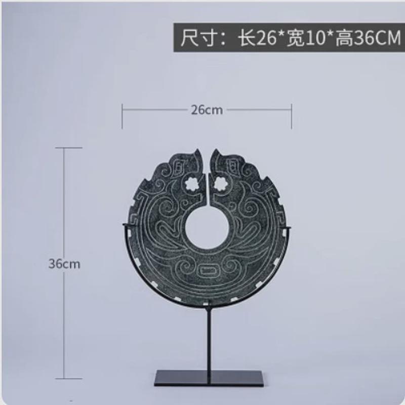 新中式售楼部树脂平安扣摆件样板房创意斧钺玉壁书房金属支架饰品