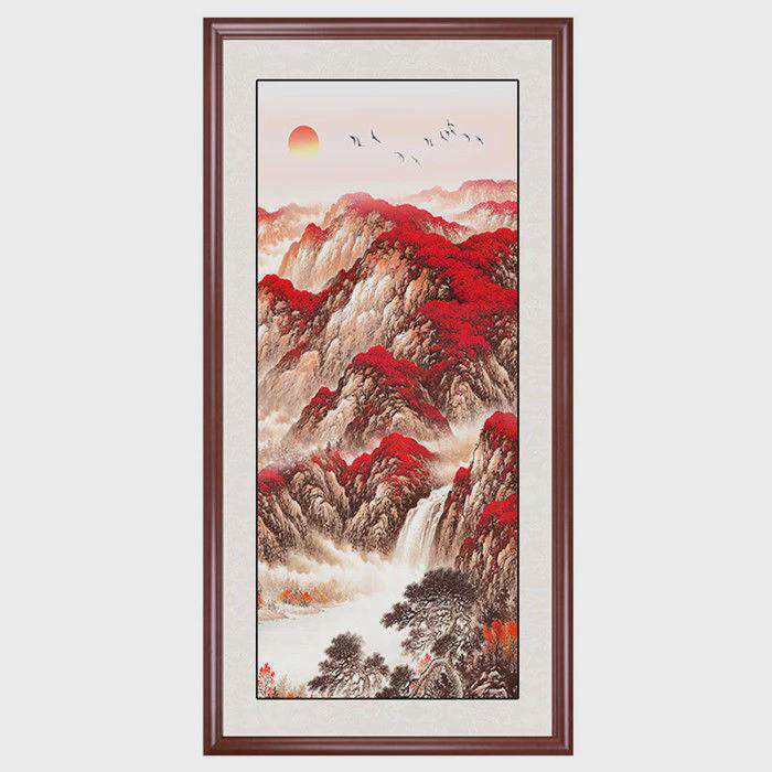 迎客松国画成品新中式山水画入户玄关装饰画竖版走廊过道挂画实木