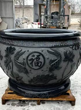 超大荷花鱼缸石头门海庭院圆形水缸仿古石雕装饰摆件青石花盆门海