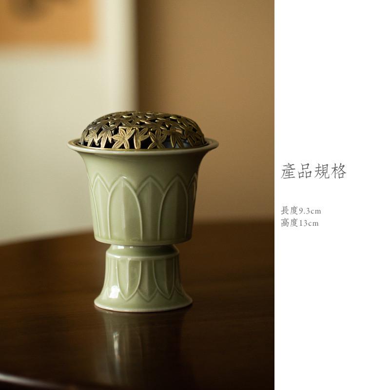 越窑盘香高脚莲升青瓷炉仿古陶瓷家用室内香薰炉茶道功夫茶具配件