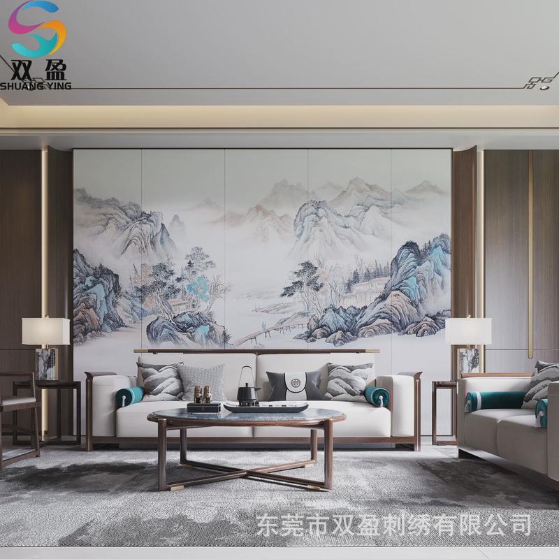 2024中式刺绣壁画硬包木饰面山水背景墙电视沙发床头客厅雪弗板