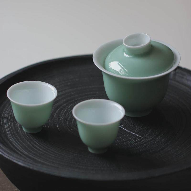陆寿义 豆青盖碗 大小号陆字款高温还原烧标准器泡岩茶普洱不烫手