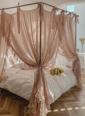 9wor床幔公主风蕾丝宫廷蚊帐落地式三开门1.8m床亚麻风防尘家用带