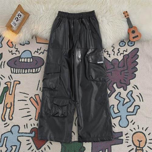美式多口袋机能风工装皮裤男春季小众韩版高街阔腿休闲pu