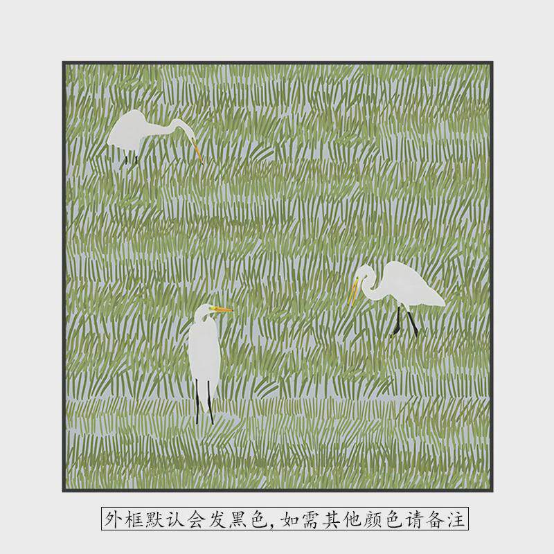 简约现代绿色草地白鹭小众客厅玄关装饰画卧室背景墙壁方型挂画