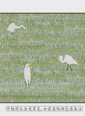 简约现代绿色草地白鹭小众客厅玄关装饰画卧室背景墙壁方型挂画