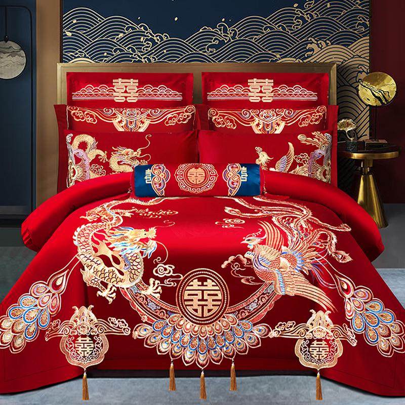 中式婚庆床品四件套大红色喜被婚庆纯棉床单被套婚庆用品100全棉1,床上用品,婚庆床品套件,淘宝优惠券,粉丝福利购,淘宝优惠卷