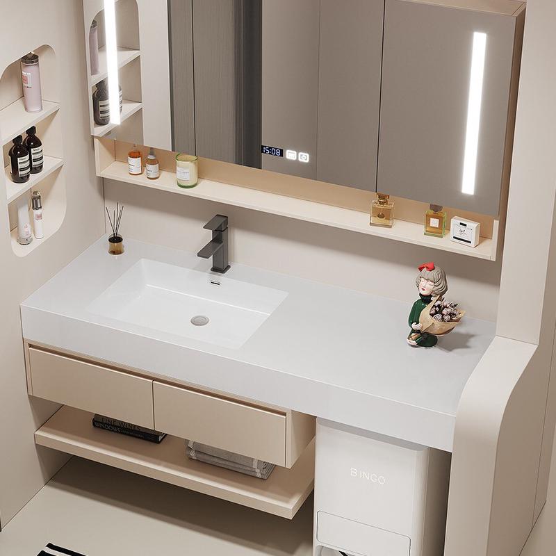 热销现代简约实木陶瓷无缝盆浴室柜组合大号奶油风卫生间洗漱台岩