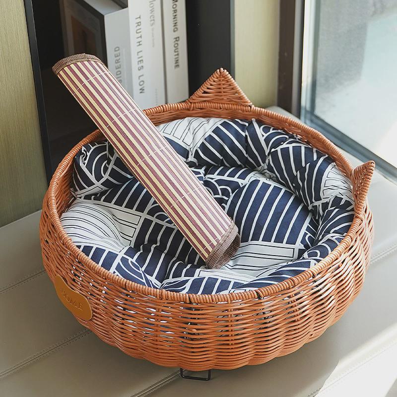 竹编猫窝草编四季防潮离地猫床可拆洗抓板夏季户外待产藤编狗窝