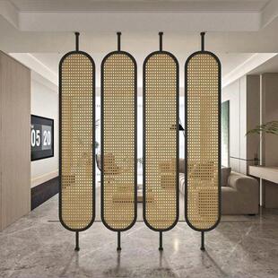 新中式藤编玻璃屏风客厅餐厅玄关入户简约现代铁艺不锈钢隔断装饰