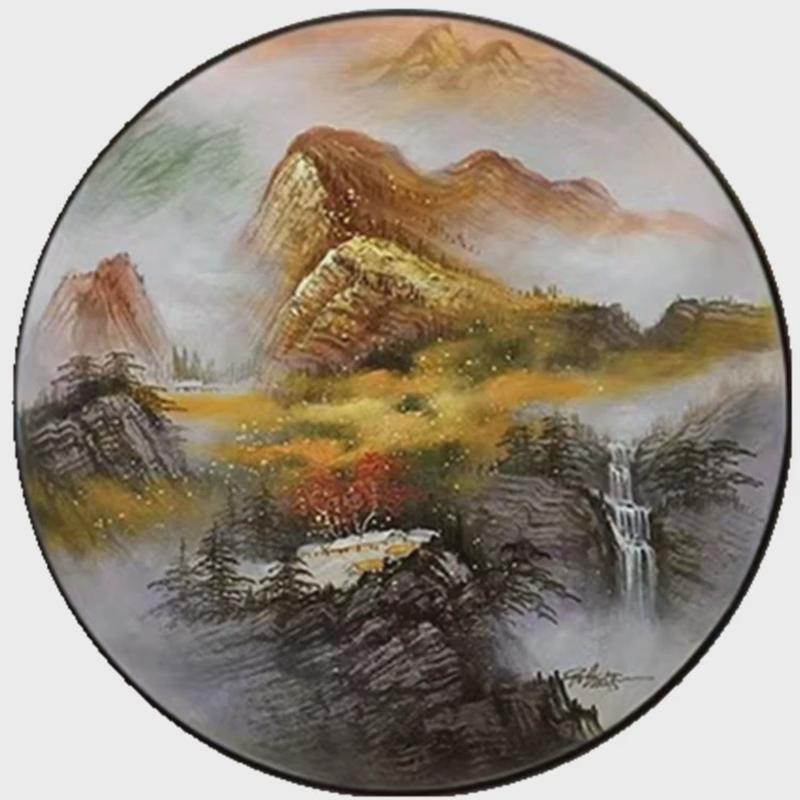手绘油画新中式山水画简约客厅装饰画餐厅圆形壁画玄关柜台挂画图片