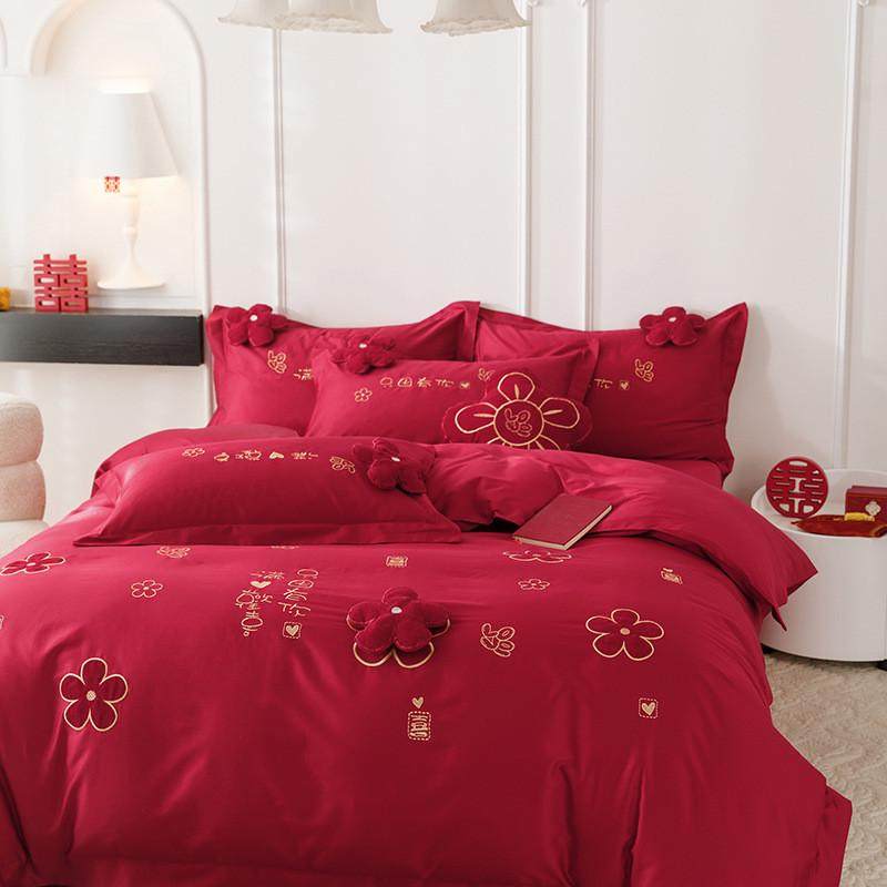 新款床上用品结婚四件套绣花款婚庆新中式全棉红色婚嫁纯棉六件套