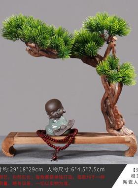 木头新中式工艺品创意木制装饰禅意小和尚摆件客厅玄关茶几迎客松
