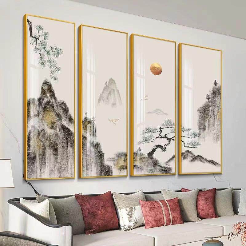 客厅沙发背景墙装饰画新中式餐厅包间水墨画挂画茶室书房四联壁画