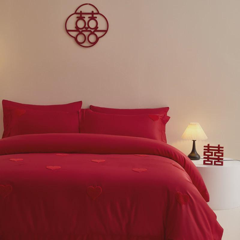 轻奢床上用品四件套婚简约铺大红备婚庆纯色高级婚礼婚房长绒棉