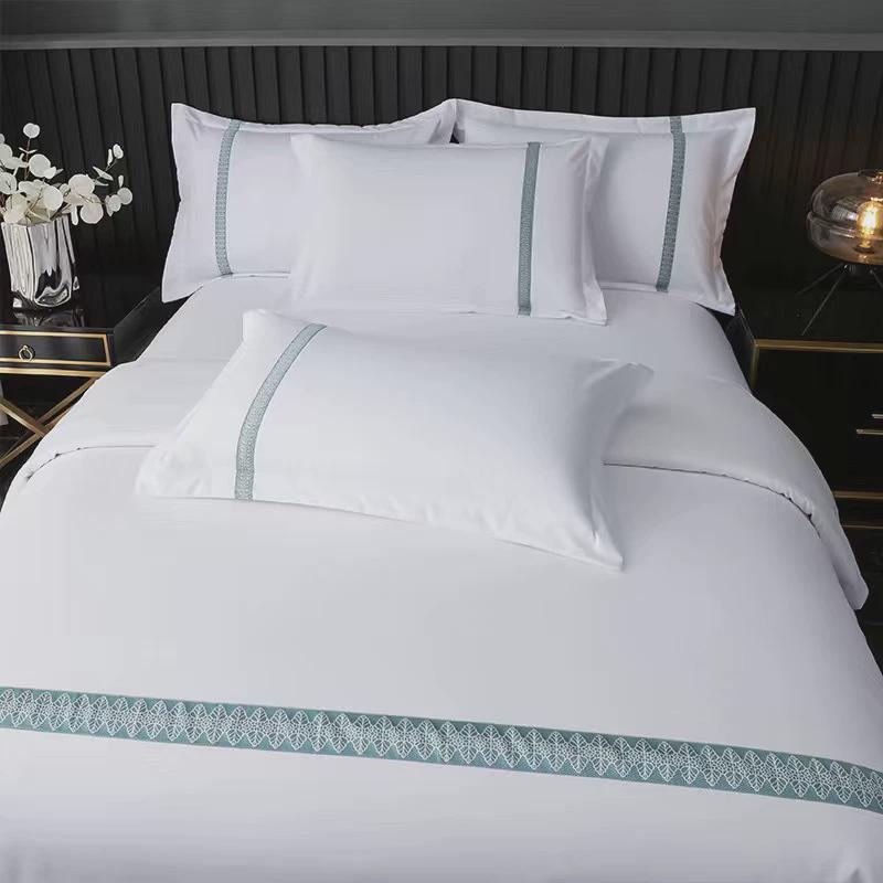 草酒店四件套高档民宿宾馆被套床单床笠三件套绣字客房酒店布星级