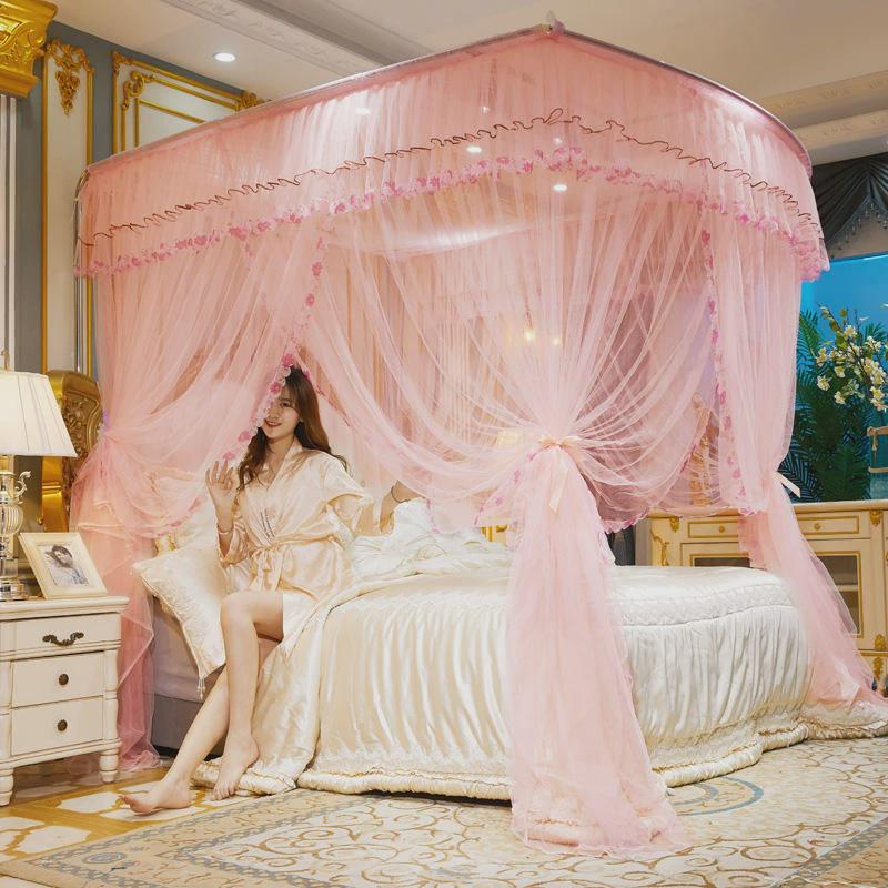 9wor伸缩蚊帐u型加厚门家用落地公主风1.8m1.5m2米床支架加密三开