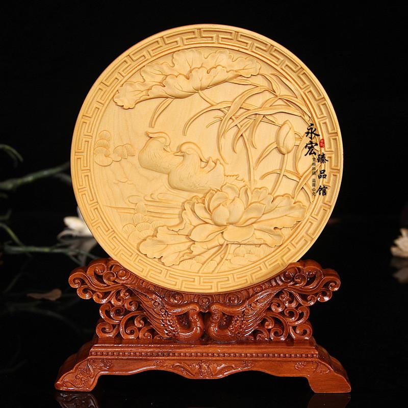 红木年年有余圆盘摆件黄杨木雕刻工艺品景区热销创意礼品