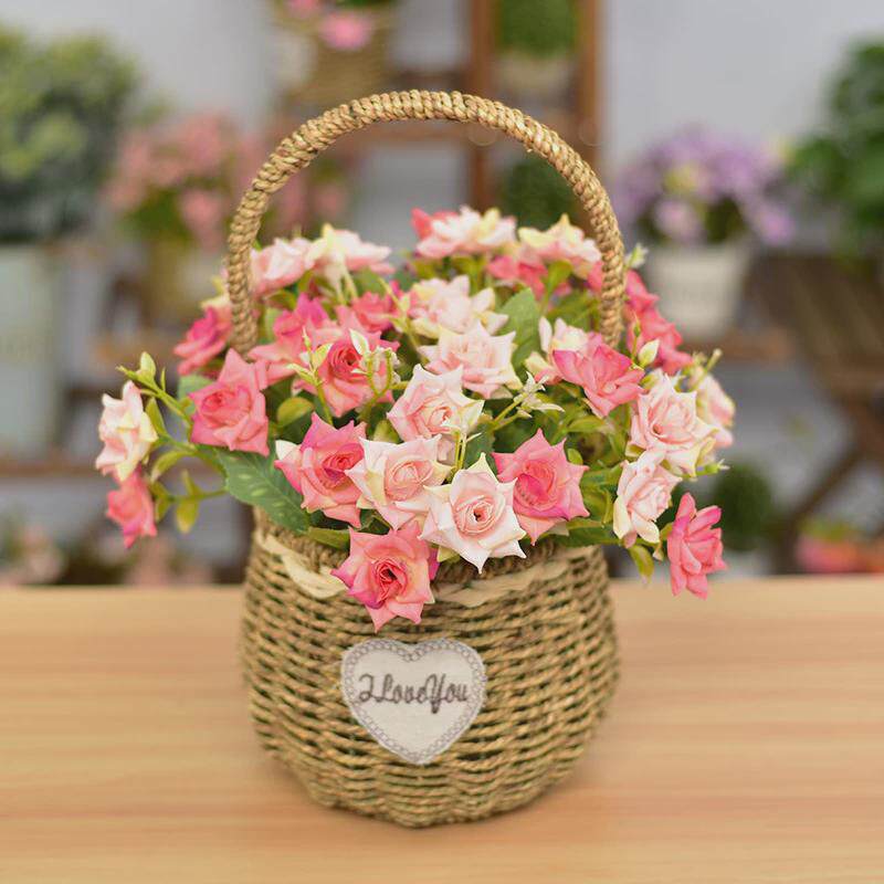 手工草编花篮手提编织篮田园风客厅装饰摆件插花篮假花仿真花套装