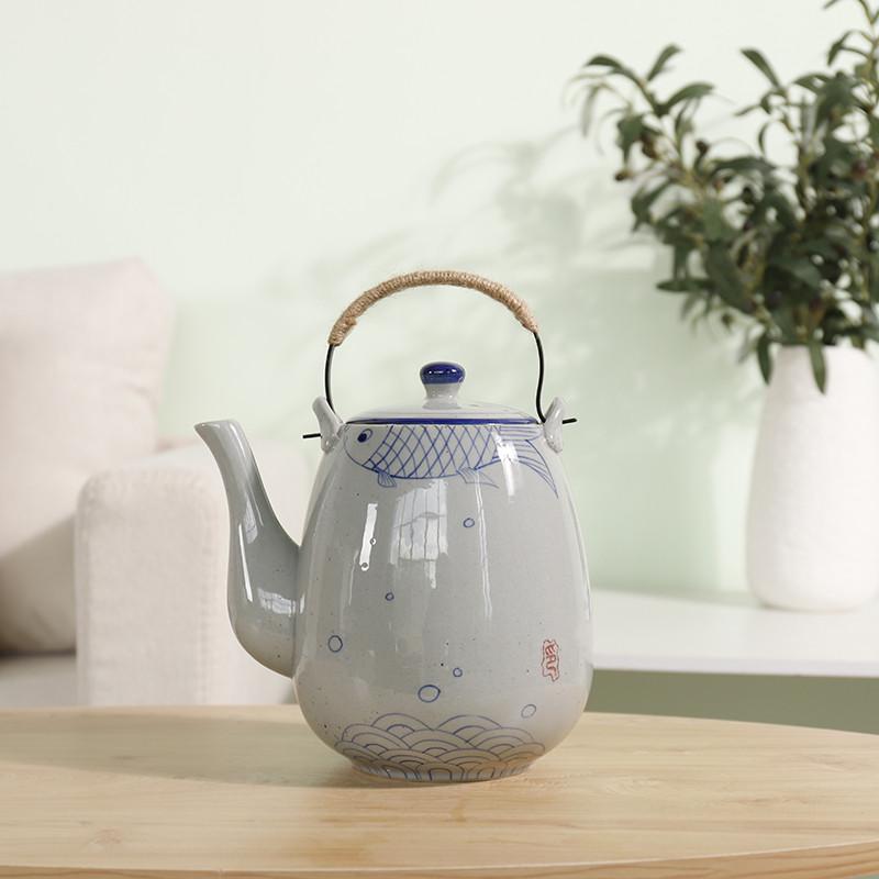 陶瓷大茶壶手绘复古日式粗陶2升1.5升提梁壶餐厅泡茶壶家用凉水壶