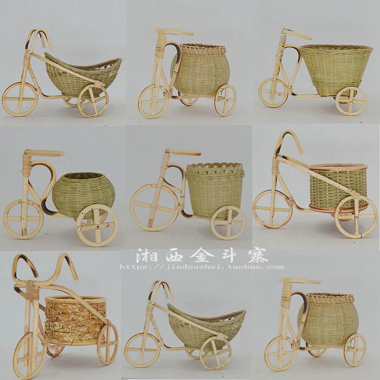 藤编迷你三轮车竹编筐竹编单车竹篓手工艺装饰摆设餐厅菜盘包邮