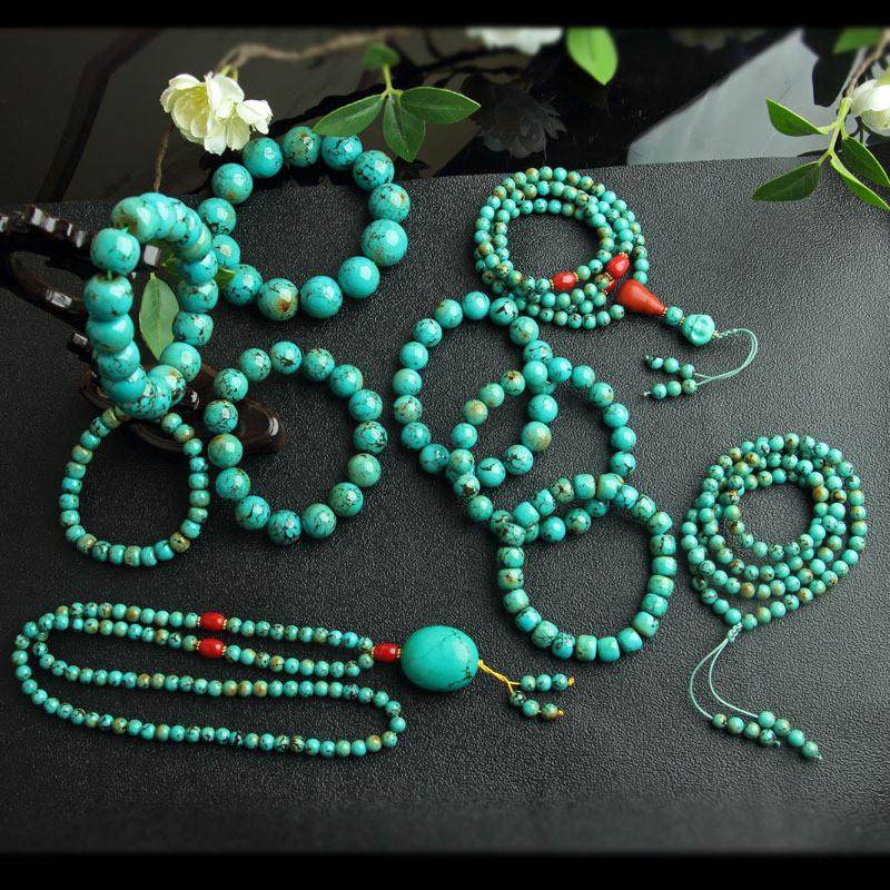 西藏绿松石手链带铁线纹优化绿松石项链佛串108颗藏松老型珠手串