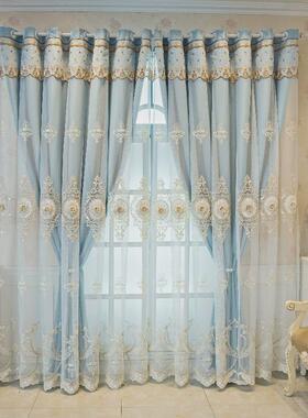 KI9S定制全遮光简约双层窗帘布纱一体成品客厅卧室浮雕绣花遮光