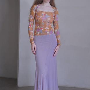 莫里公园 紫色优雅网纱鱼尾女 显曲线不规则弹力