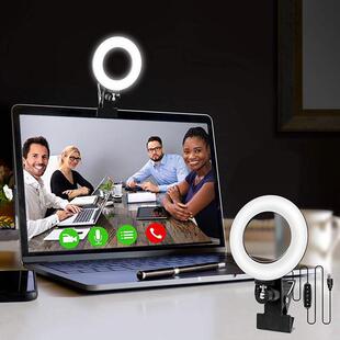 热销6寸五色温电脑补光灯视频会议直播灯五色温大力夹美颜环形灯
