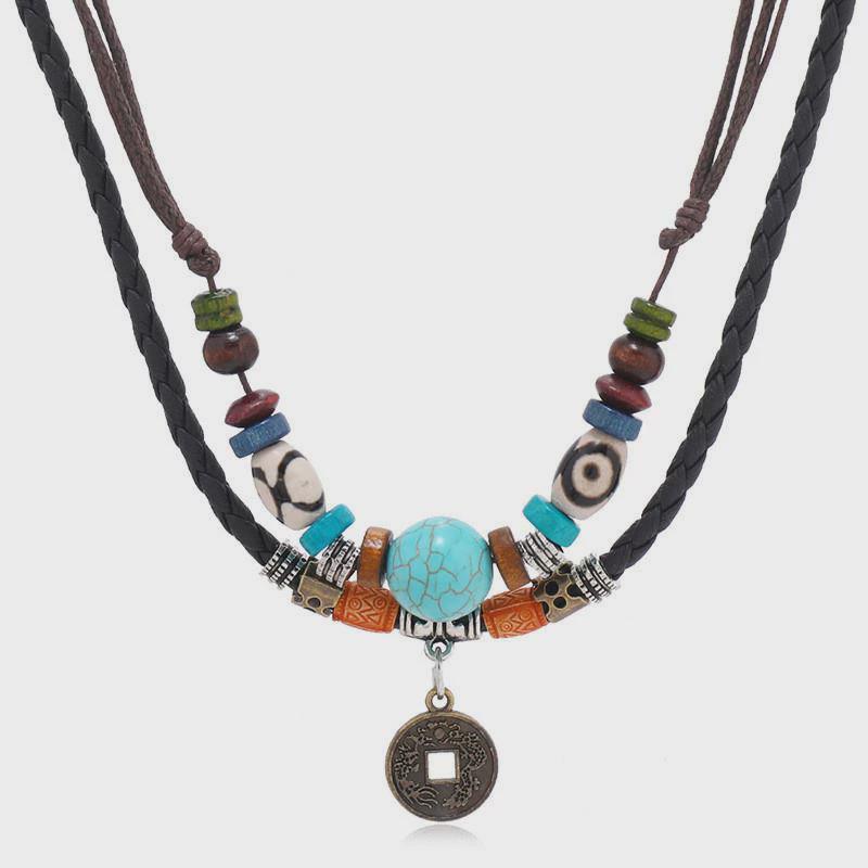 Turquoise beaded woven leather necklace Men's necklace