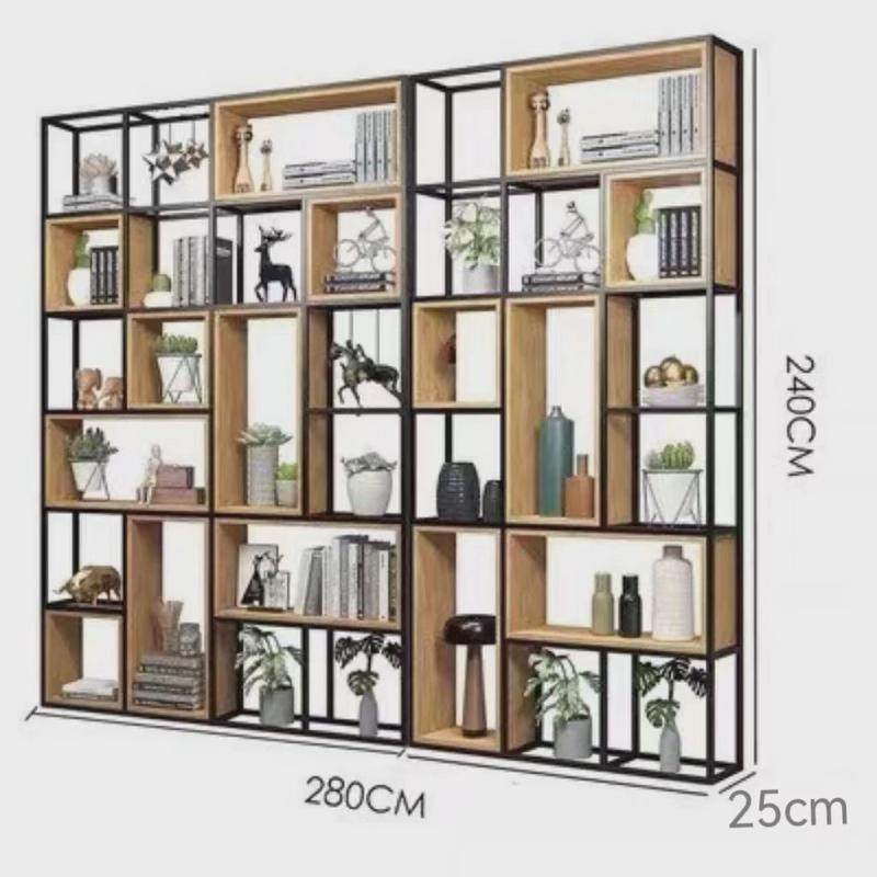 铁艺隔板置物架办公室现代屏风实木书架落地展示架工业风置物架