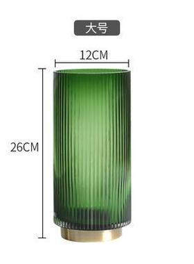 北欧ins彩色竖纹大号铜圈玻璃花瓶金边水培客厅插花样板装饰摆件