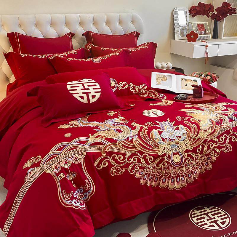 新中式180支长绒棉结婚四件套红色龙凤被套床单纯棉婚庆床上用品4,床上用品,婚庆床品套件,淘宝优惠券,粉丝福利购,淘宝优惠卷