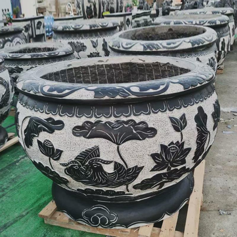 石雕鱼缸青石庭院摆件福字花盆大理石荷花养鱼水缸别墅仿古