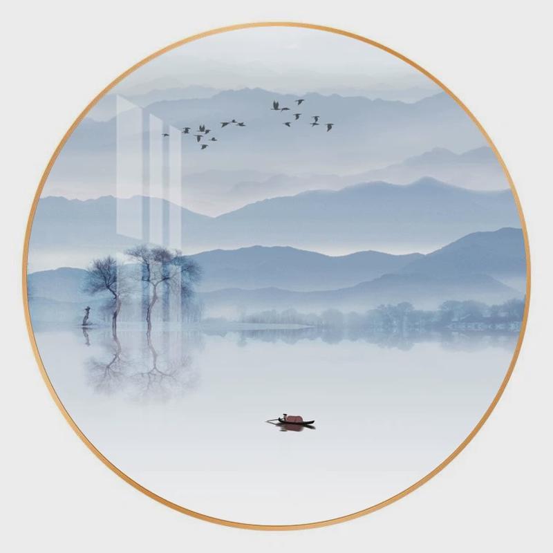 简约圆形玄关书房山水风景客厅装饰画新中式禅意茶室走廊尽头壁画图片