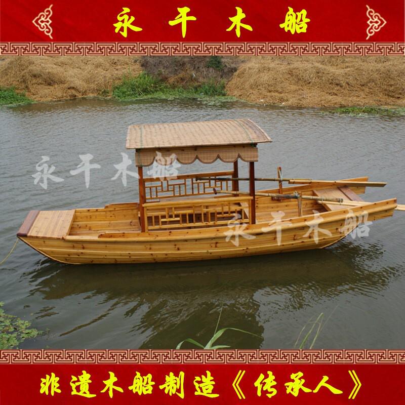 仿古实木单乌篷摇橹木船公园水上旅游观光电动画舫船装饰道具古船