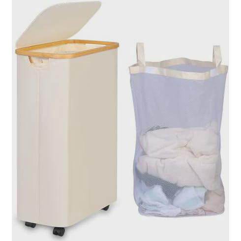 跨境新品脏衣篮带轮子可折叠竹子框架收纳筐脏衣篓含网袋110L