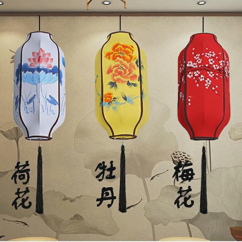 新中式铁艺仿古手绘长灯笼火锅店茶楼酒店装饰创意布艺吊灯餐厅