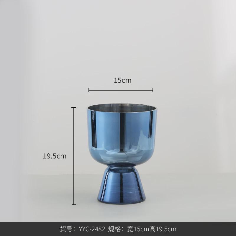 博家居西电镀铝绿色水杯型高脚水培玻璃花瓶家居客厅装饰插花器