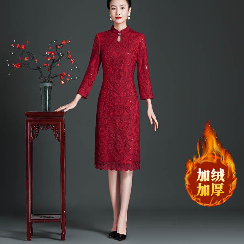 新娘妈妈装冬季结婚加绒蕾丝婚宴丈母娘婚装
