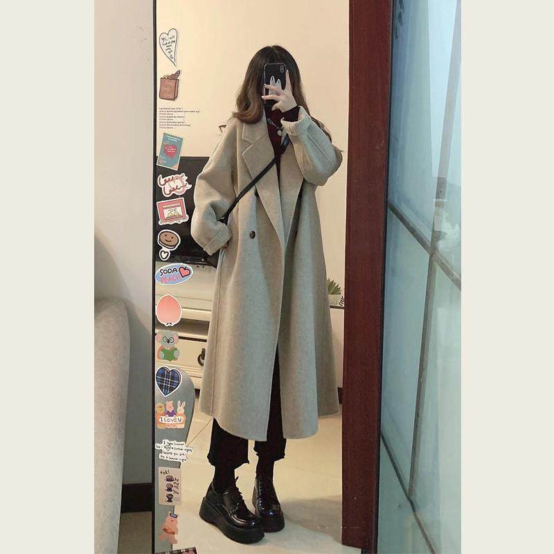 韩系赫本风高级感小个子燕麦色中长款宽松毛呢呢子大衣女秋冬