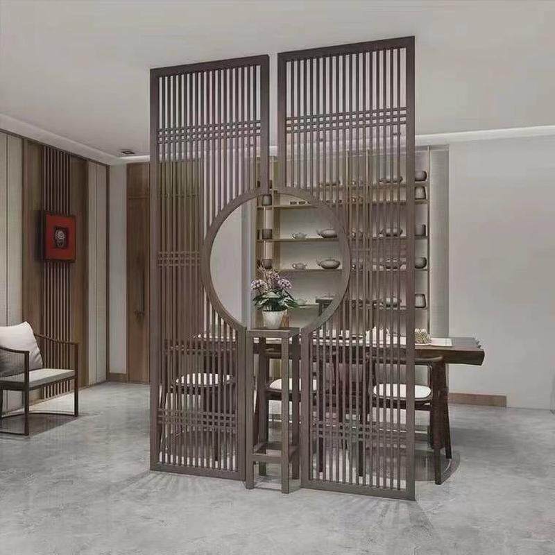 玫瑰金玄关屏风隔断仿木纹新中式装饰不锈钢背景墙座屏镂空花格