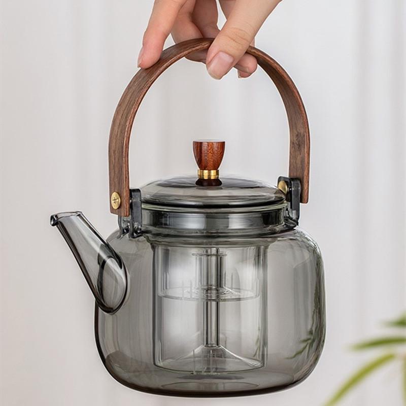 提梁壶蒸煮一体家用大容量蒸煮茶壶烟灰色木把玻璃煮茶壶星空壶