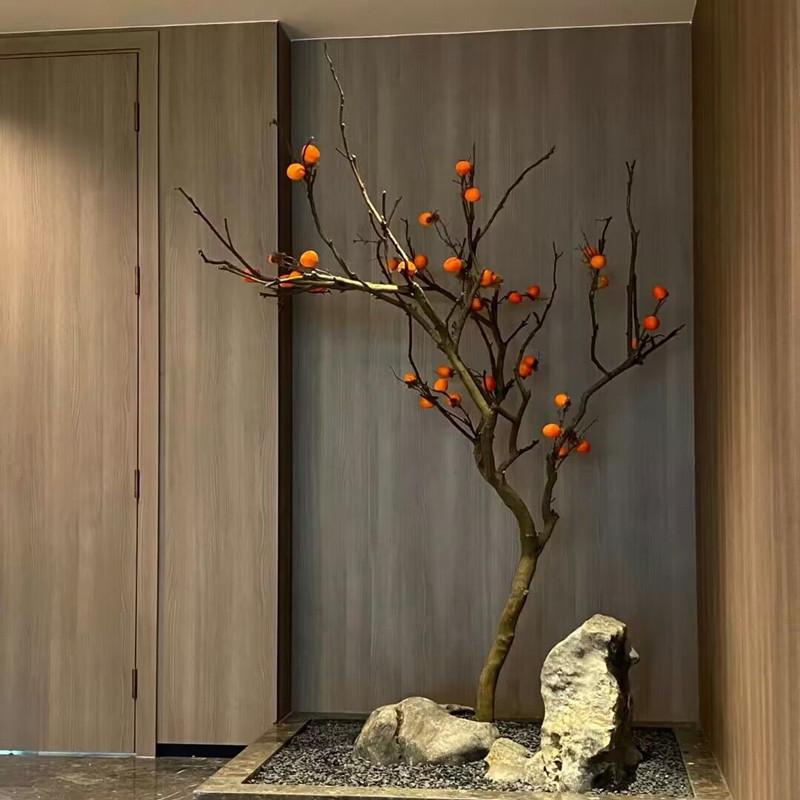 仿真吊挂柿子树枯果树倒挂壁挂新中式禅意橱窗软装饰水山造景假树
