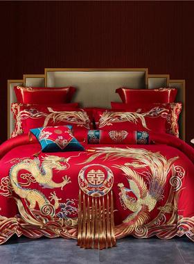 热销bh0d120支中式婚庆四件套长绒棉刺绣被套结婚大红色陪嫁