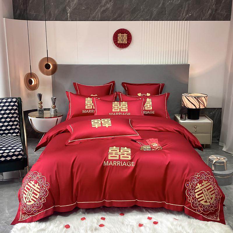 68n结婚床上四件套婚庆大红4件套水洗棉红色四件套刺绣绣花套件