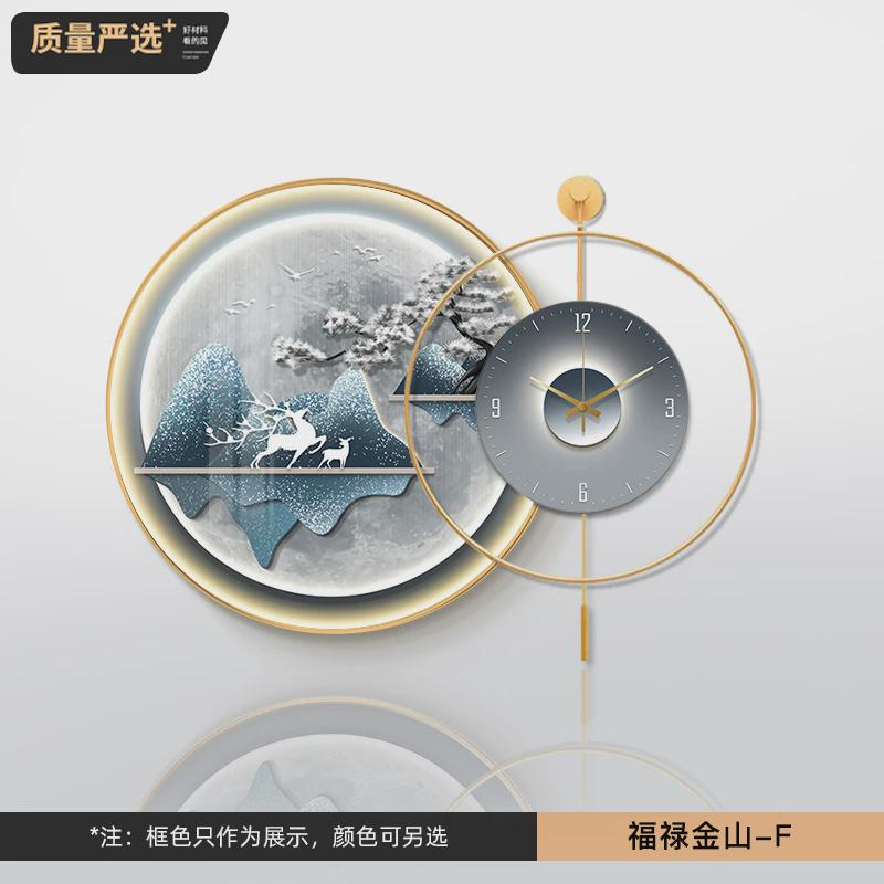 alj6轻奢钟表餐厅装饰画带风圆形山水画带灯时钟挂画饭厅墙面
